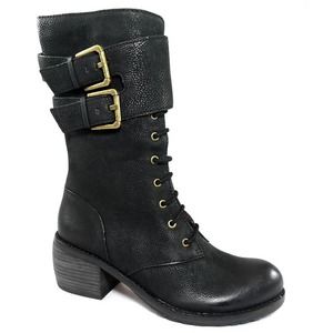 NIB$298 LUXURY REBEL LADY DEE LACE-UP BUCKLED CUFF MOTO BELTED CAFF BOOTS 6.5/7